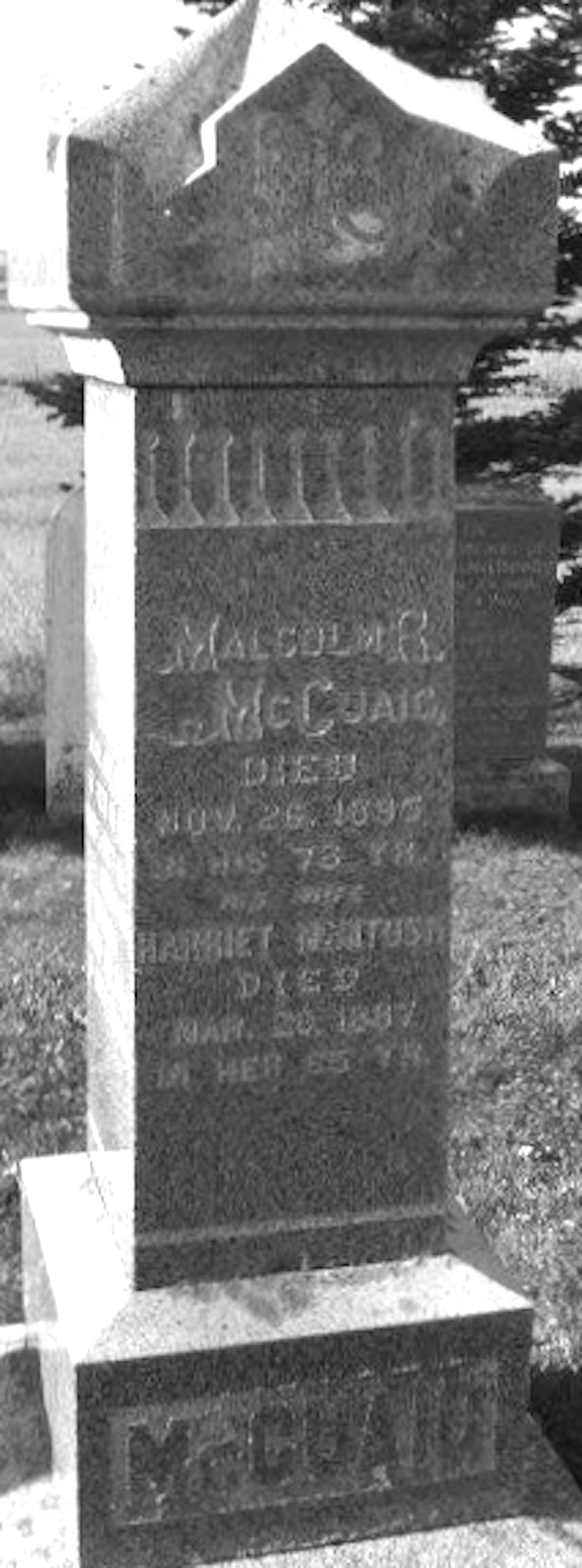 Photo of headstones/Malcolm McQuaig d1895 & Harriet McIntosh d1887, hdstn, Kirkhill United Cem, Ontario